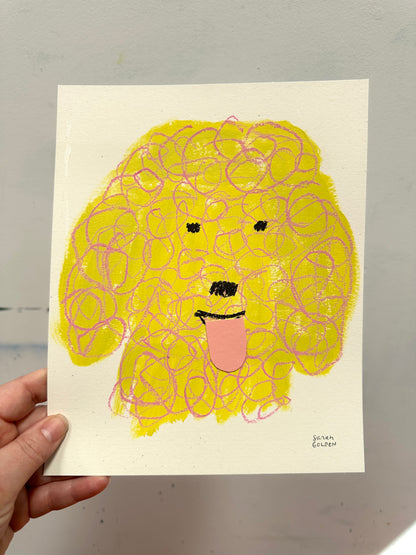 original poodle painting, orange and pink poodle art, 8x10 painting on paper