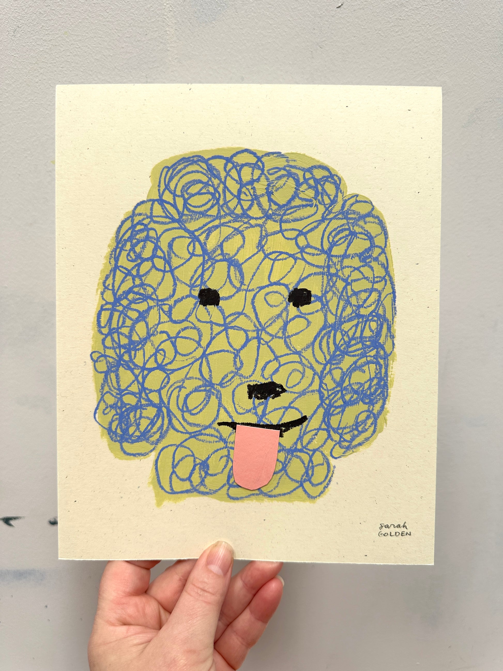 original poodle painting, yellow and blue poodle art, 8x10 painting on paper