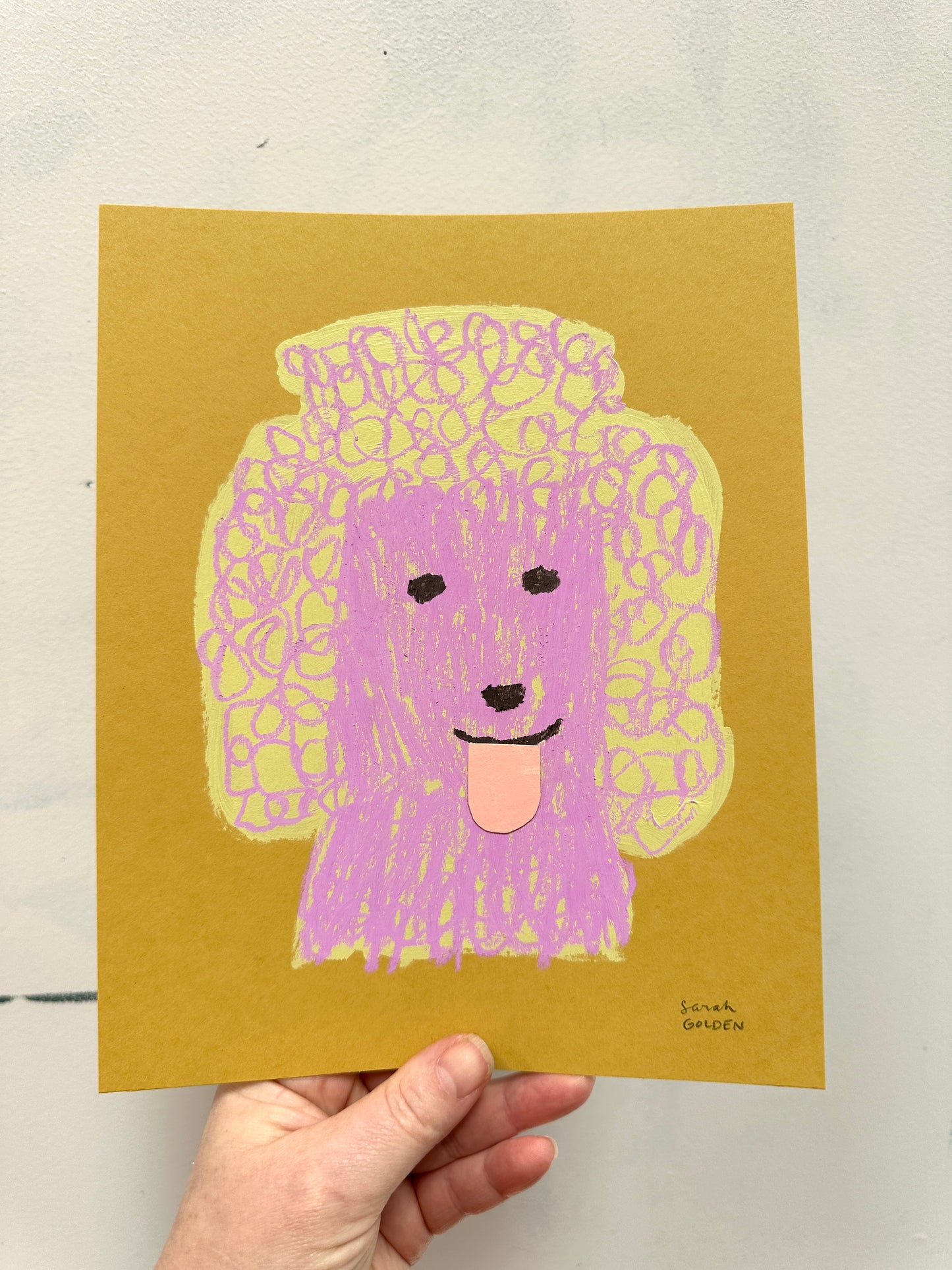 original poodle painting, yellow and pinky purple poodle art, 8x10 painting on ochre paper