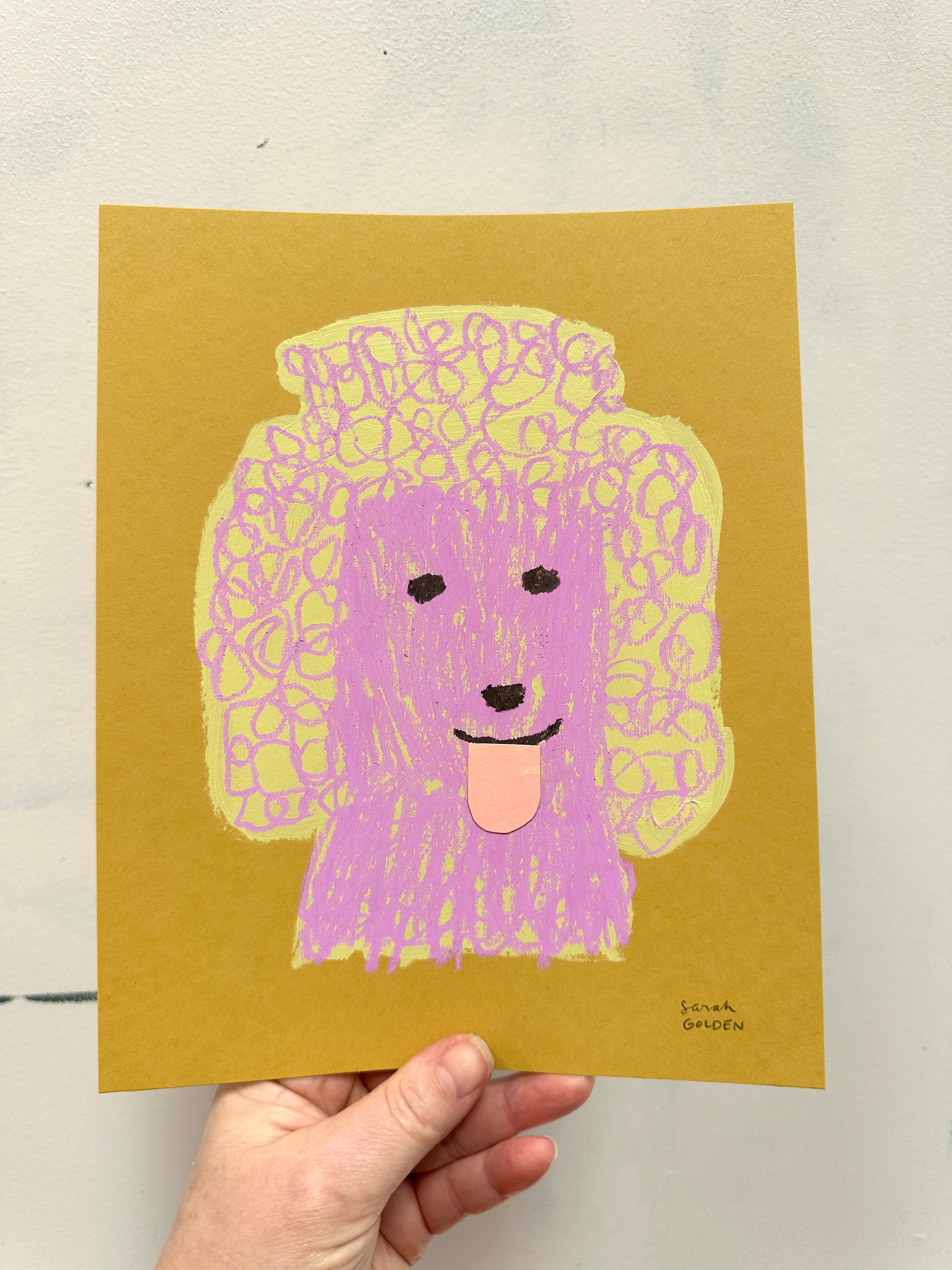 original poodle painting, yellow and pinky purple poodle art, 8x10 painting on ochre paper
