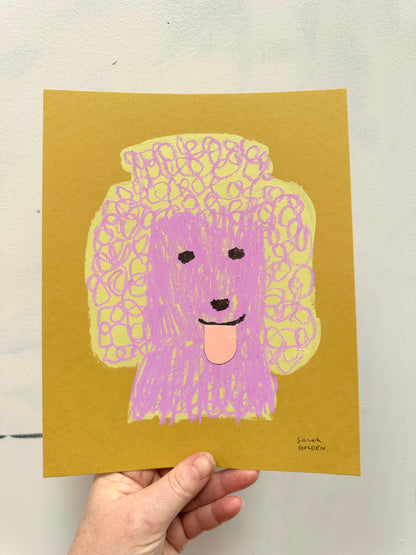 original poodle painting, yellow and pinky purple poodle art, 8x10 painting on ochre paper
