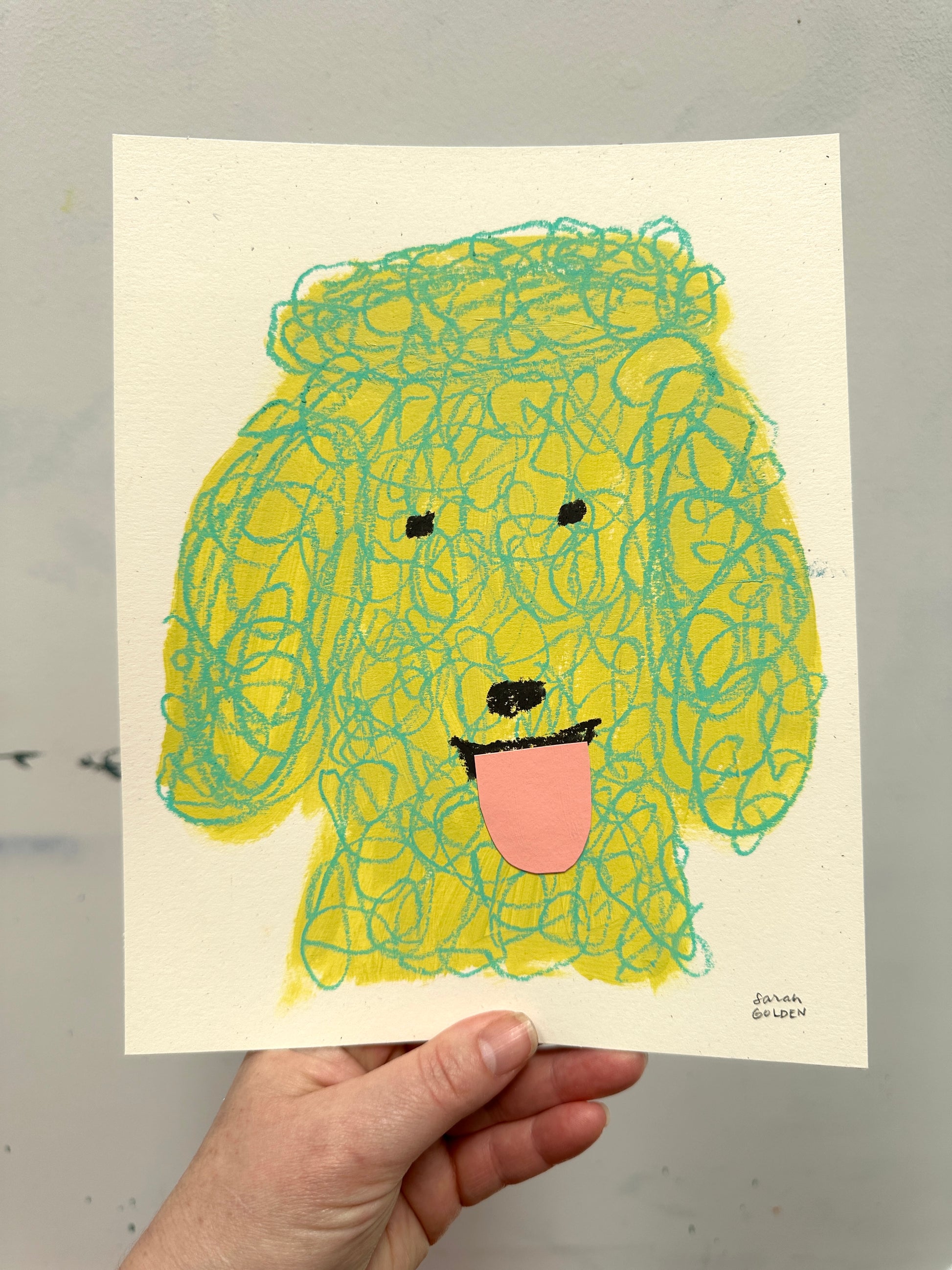 original poodle painting, yellow and green poodle art, 8x10 painting on ochre paper