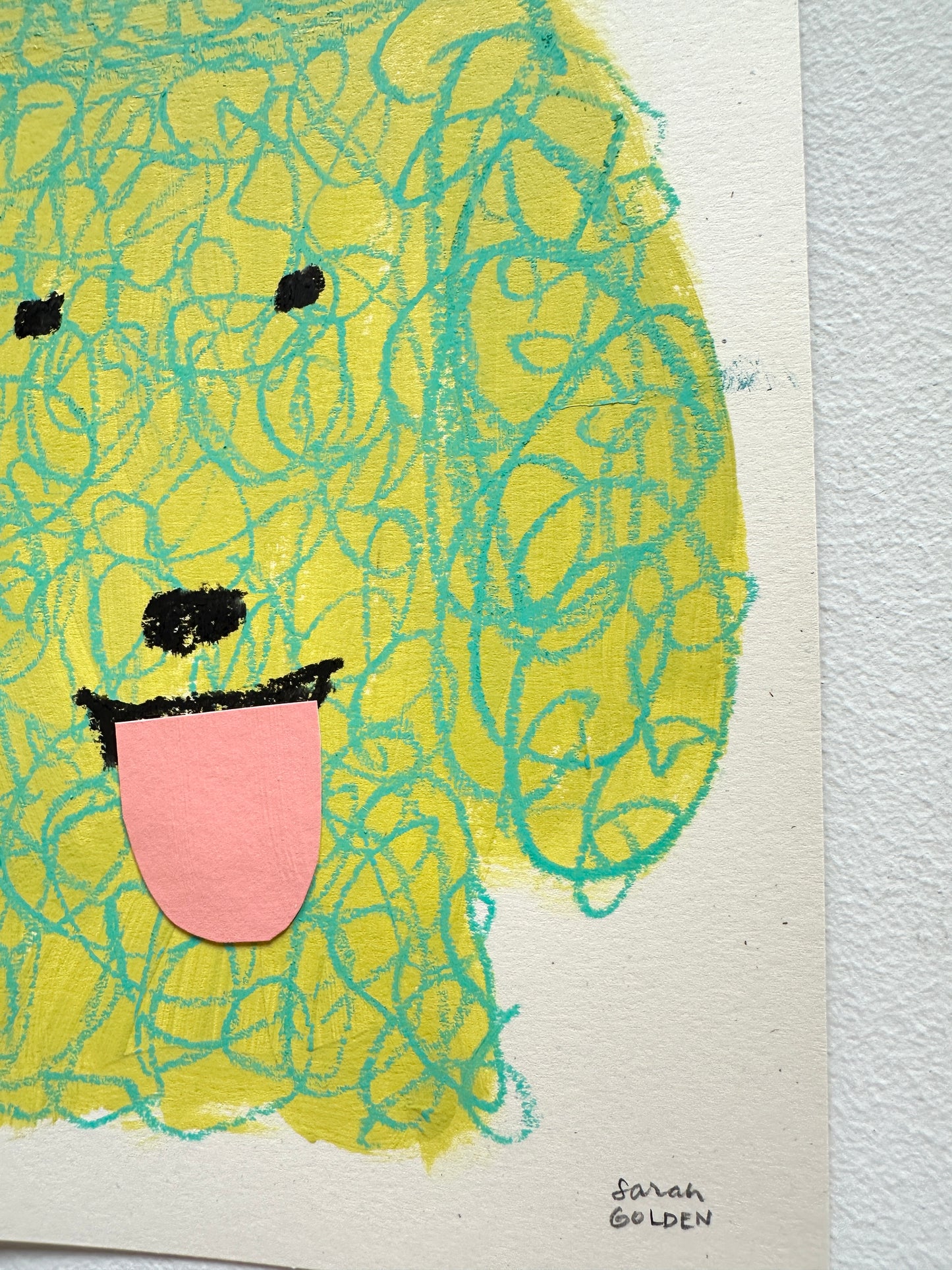 original poodle painting, yellow and green poodle art, 8x10 painting on ochre paper