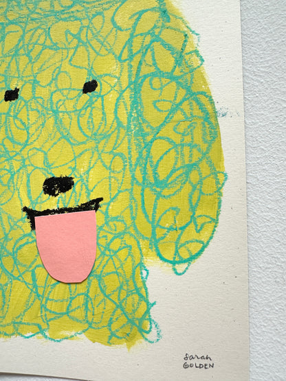 original poodle painting, yellow and green poodle art, 8x10 painting on ochre paper