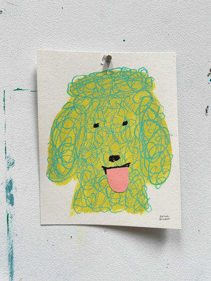 original poodle painting, yellow and green poodle art, 8x10 painting on ochre paper