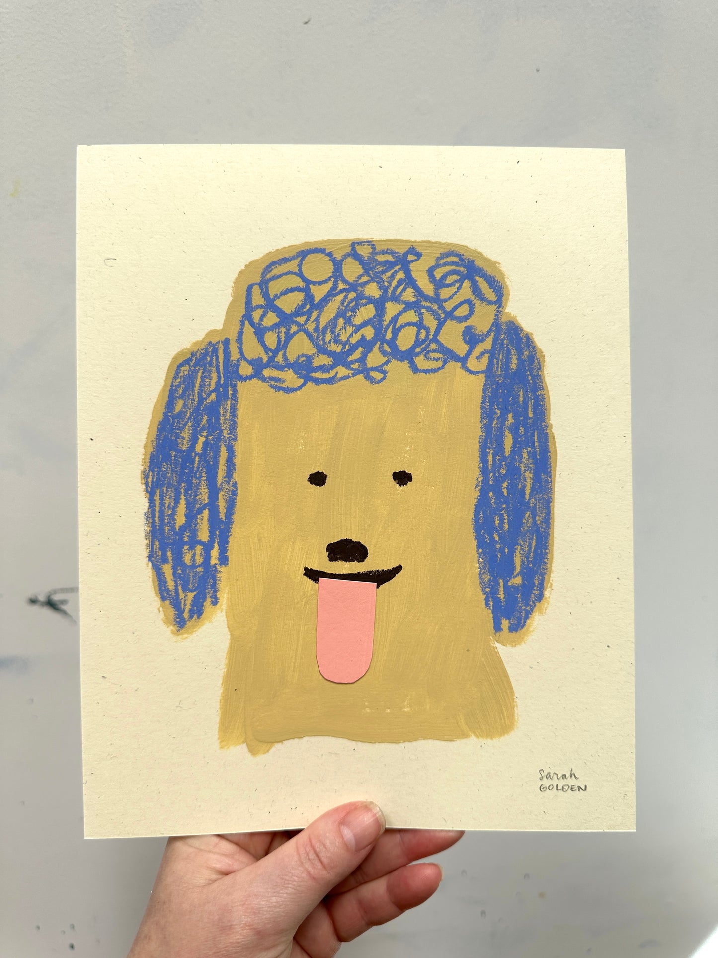 original poodle painting, tan and blue poodle art, 8x10 painting on ochre paper