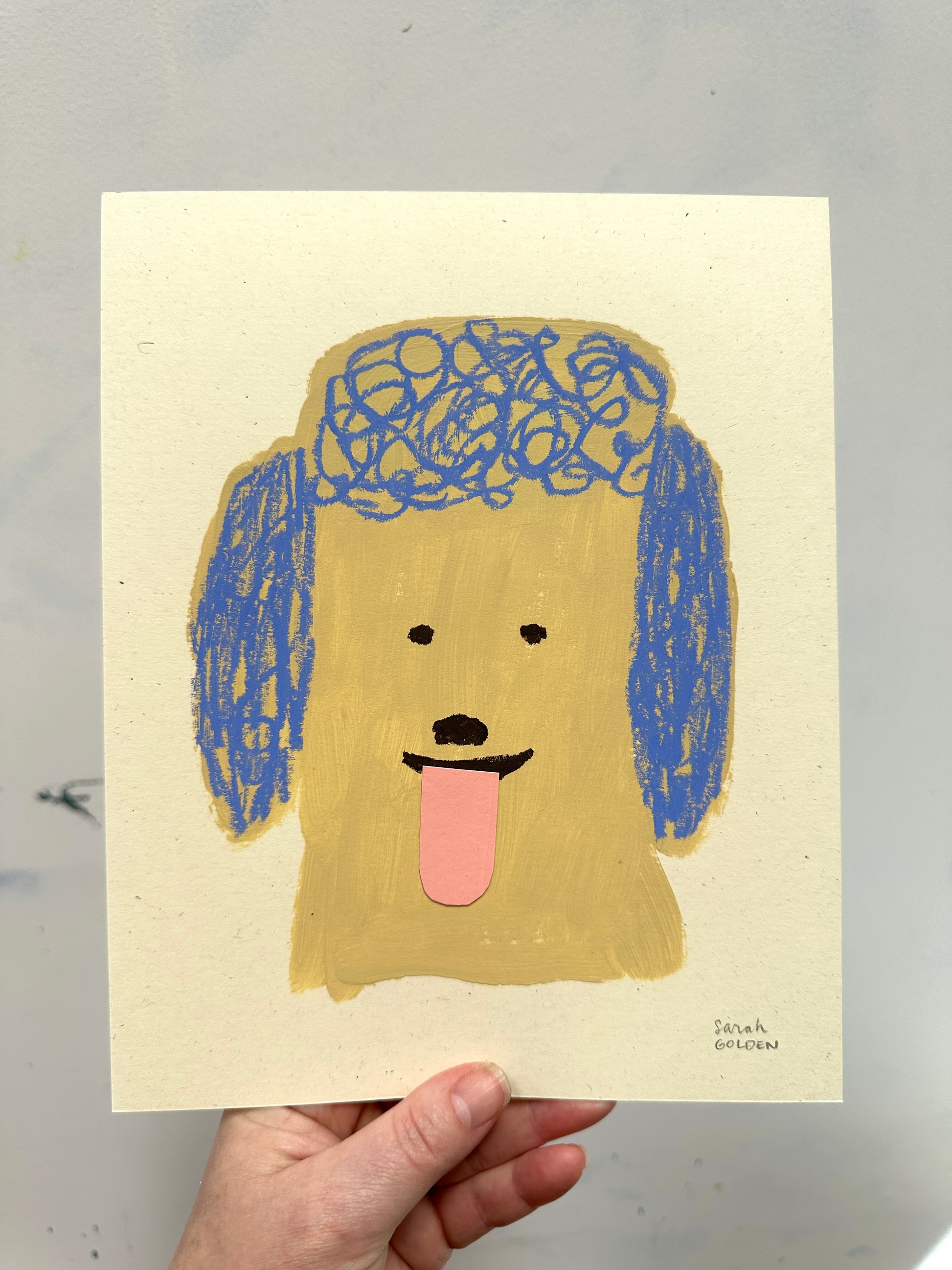 original poodle painting, tan and blue poodle art, 8x10 painting on ochre paper