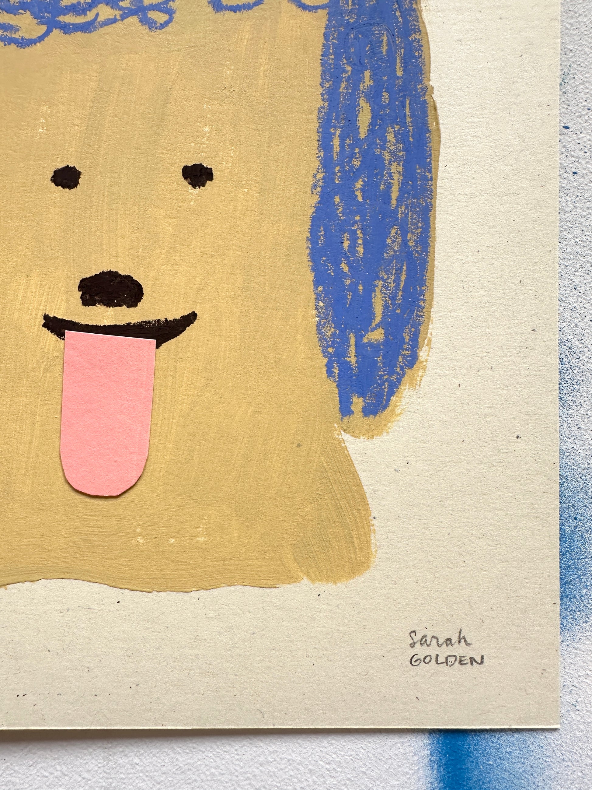 original poodle painting, tan and blue poodle art, 8x10 painting on ochre paper
