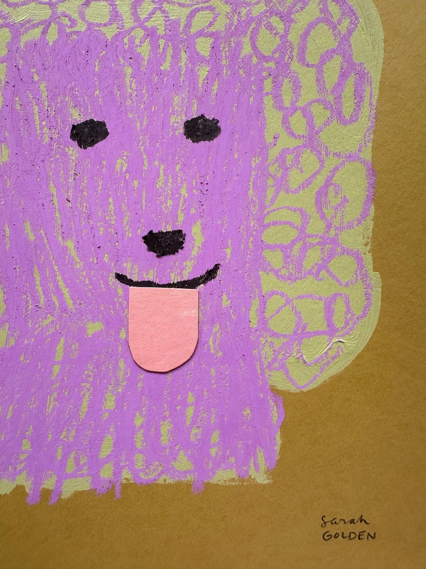 original poodle painting, yellow and pinky purple poodle art, 8x10 painting on ochre paper