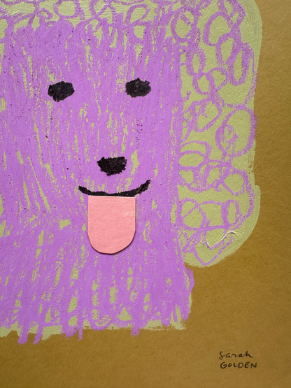 original poodle painting, yellow and pinky purple poodle art, 8x10 painting on ochre paper