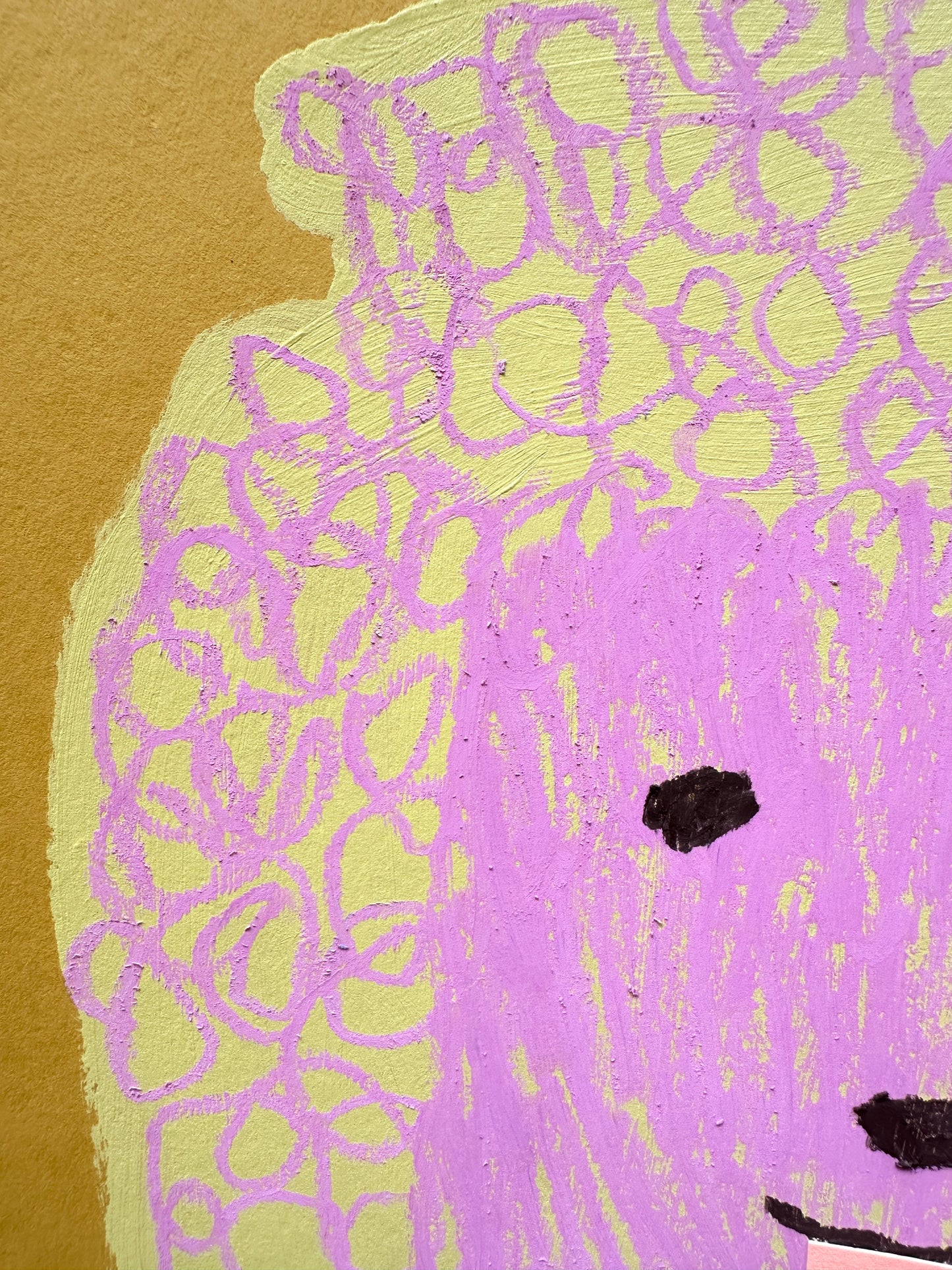 original poodle painting, yellow and pinky purple poodle art, 8x10 painting on ochre paper