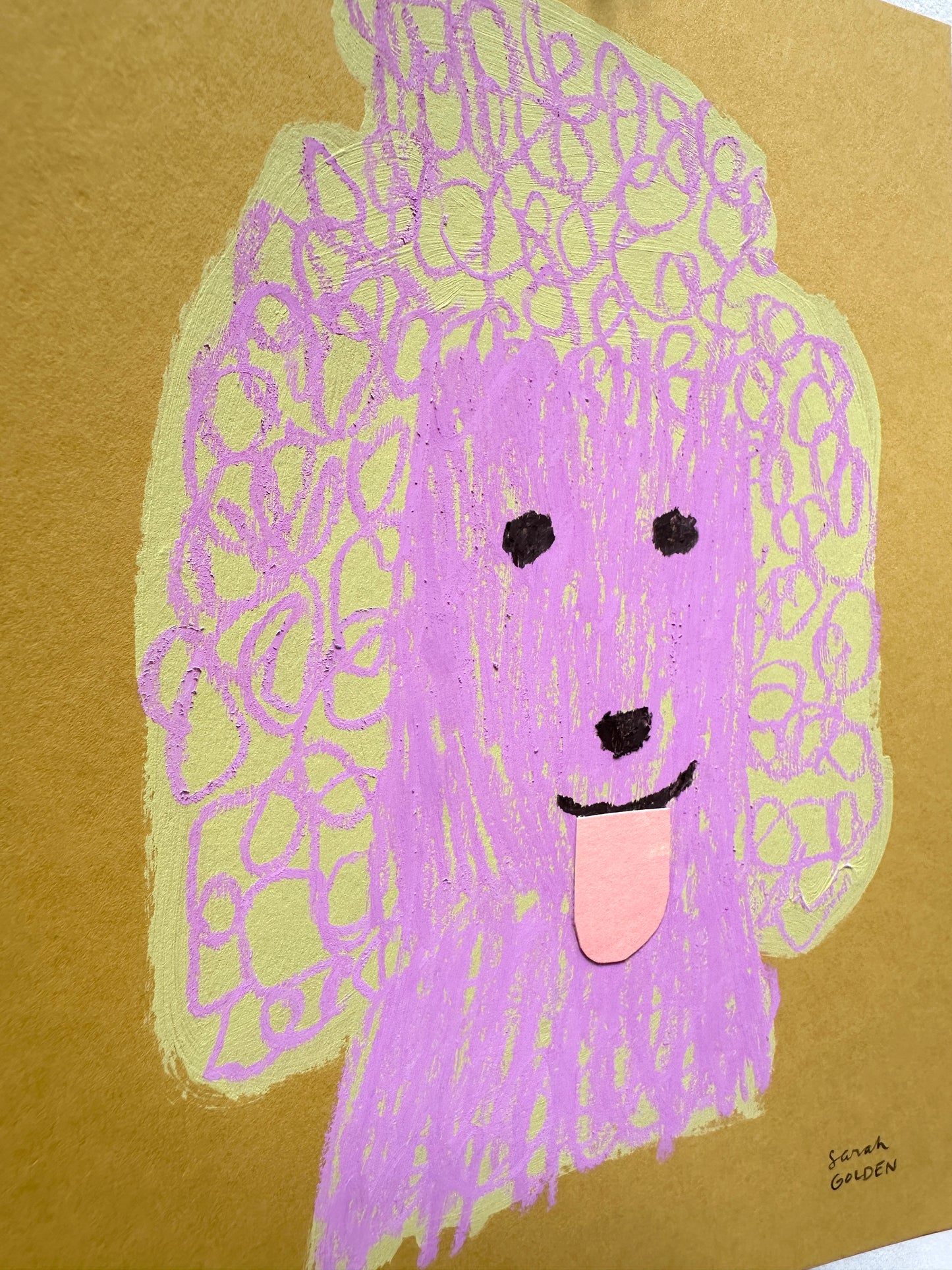 original poodle painting, yellow and pinky purple poodle art, 8x10 painting on ochre paper