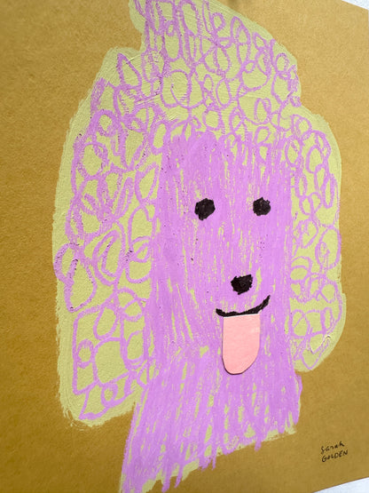 original poodle painting, yellow and pinky purple poodle art, 8x10 painting on ochre paper