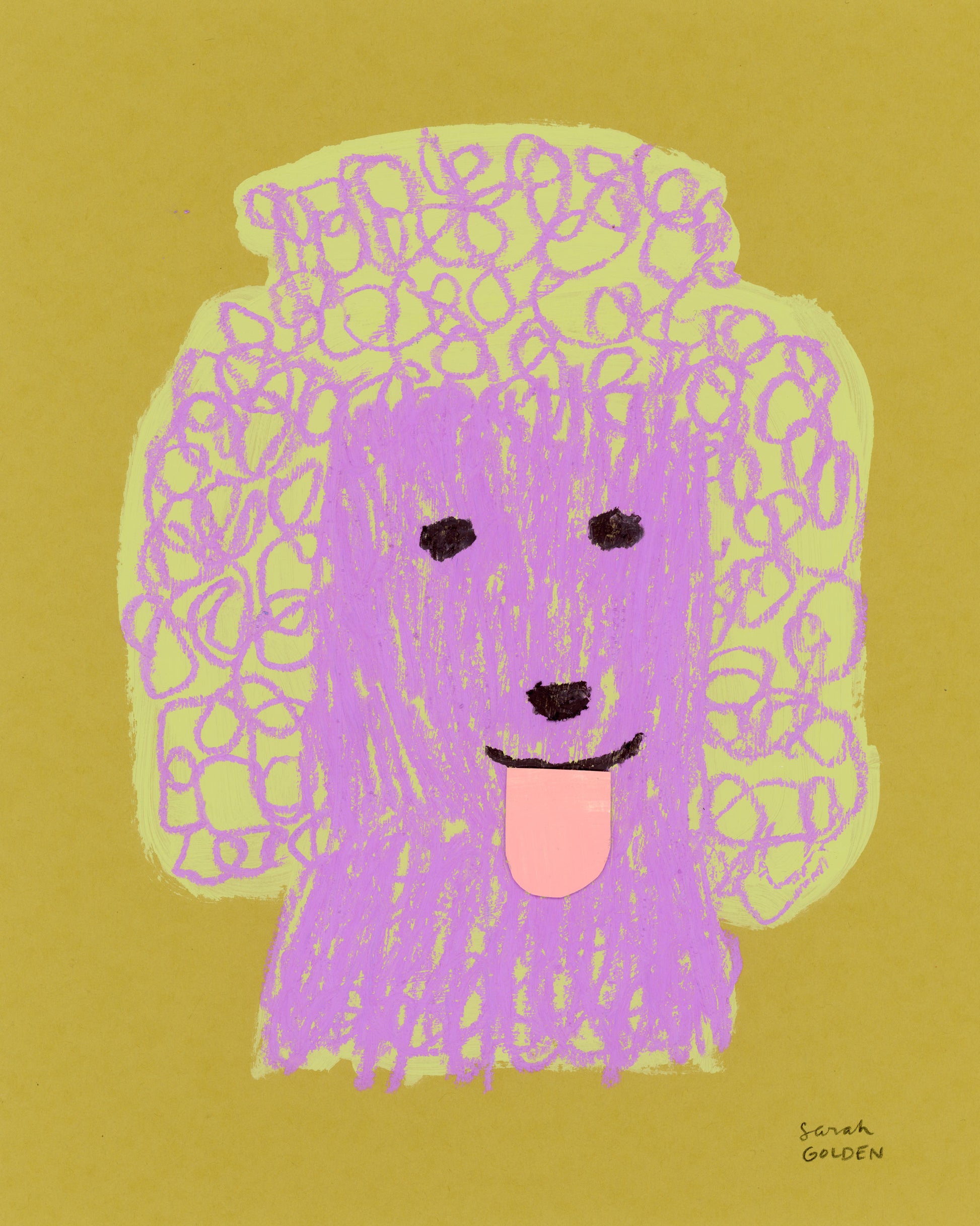 original poodle painting, yellow and pinky purple poodle art, 8x10 painting on ochre paper
