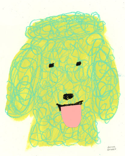 original poodle painting, yellow and green poodle art, 8x10 painting on ochre paper