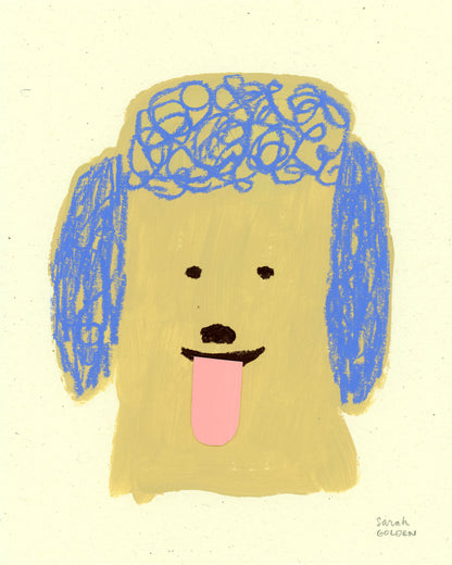 original poodle painting, tan and blue poodle art, 8x10 painting on ochre paper